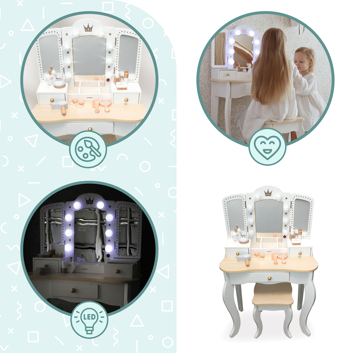 Coiffeuse XXL en bois avec tabouret et éclairage LED pour enfants + accessoires