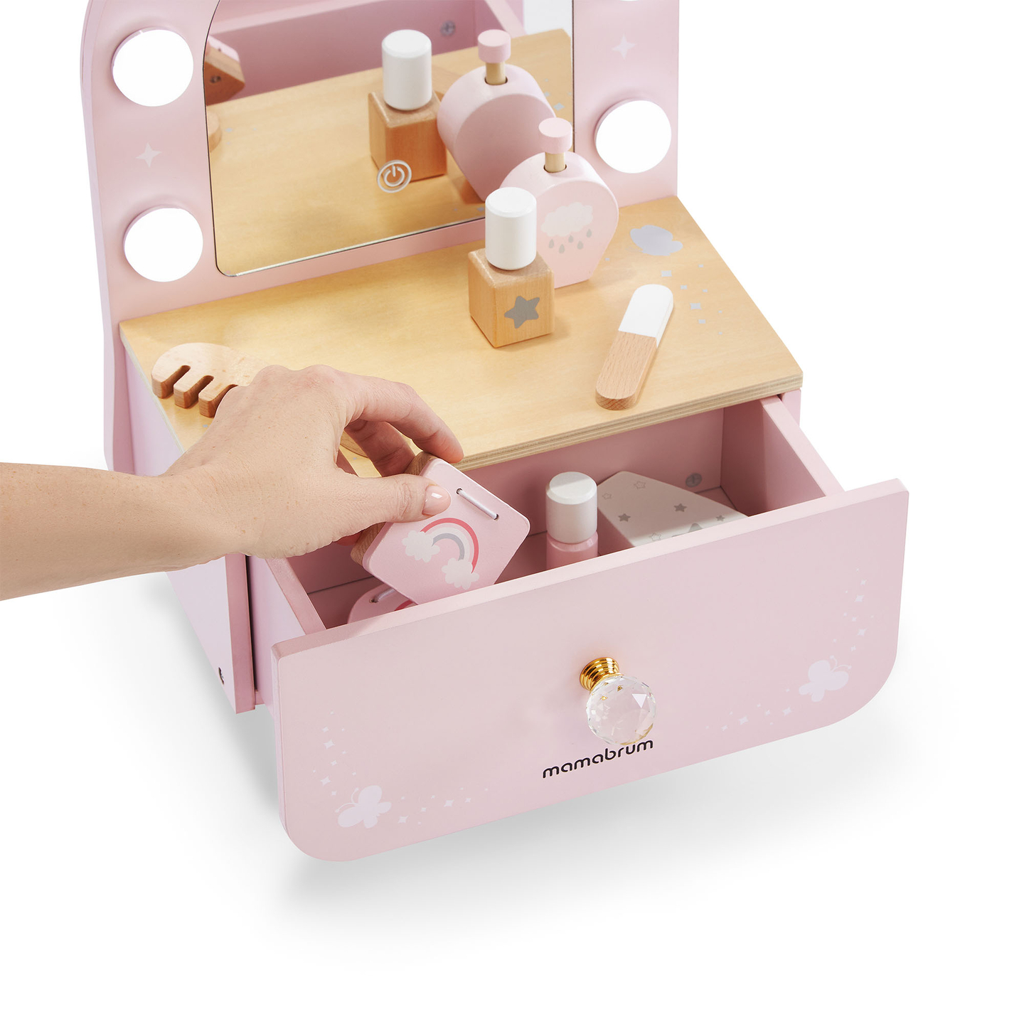 Mini coiffeuse en bois pour enfants avec accessoires et éclairage LED à luminosité réglable.