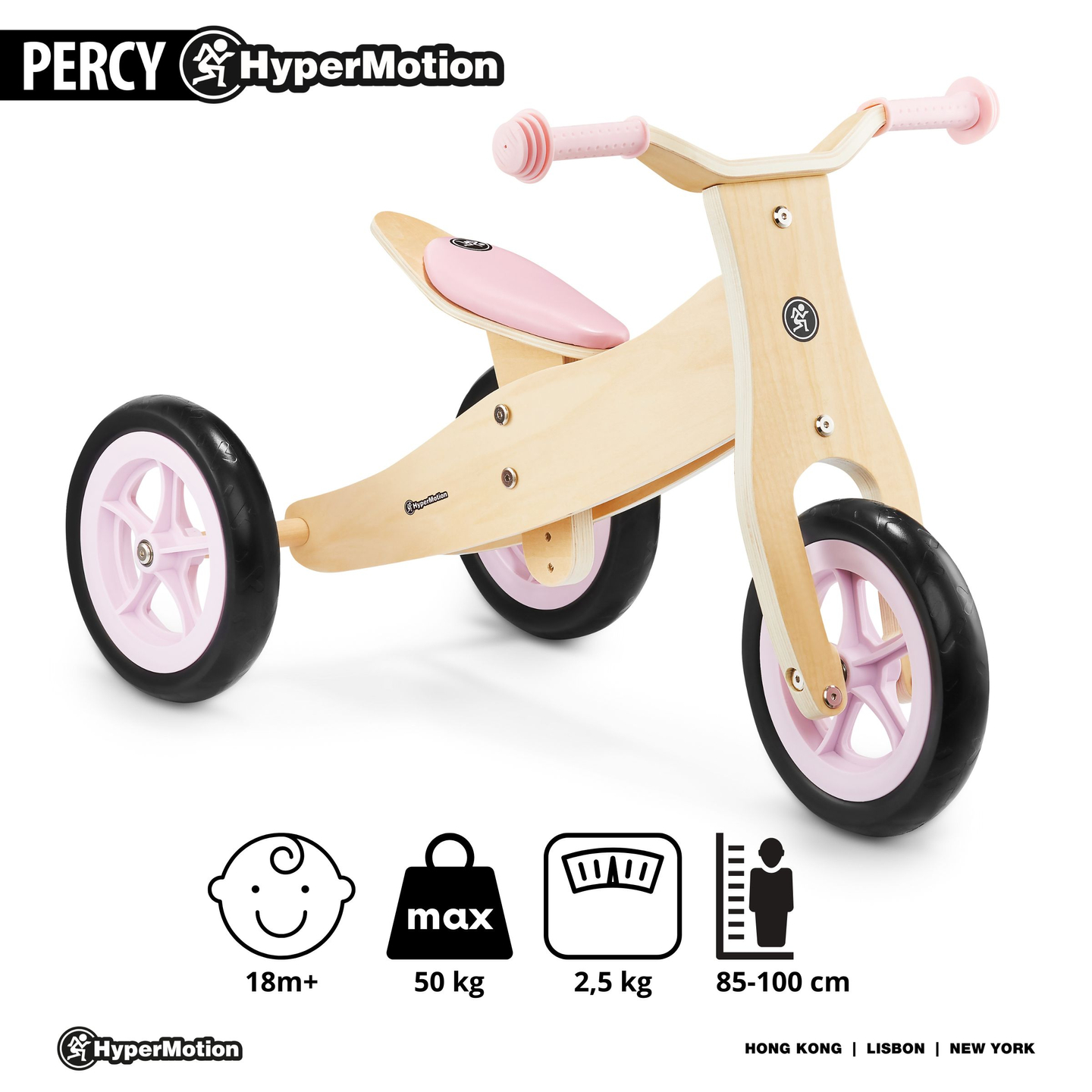 Tricycle et draisienne en bois 2en1 - HyperMotion PERCY - rose