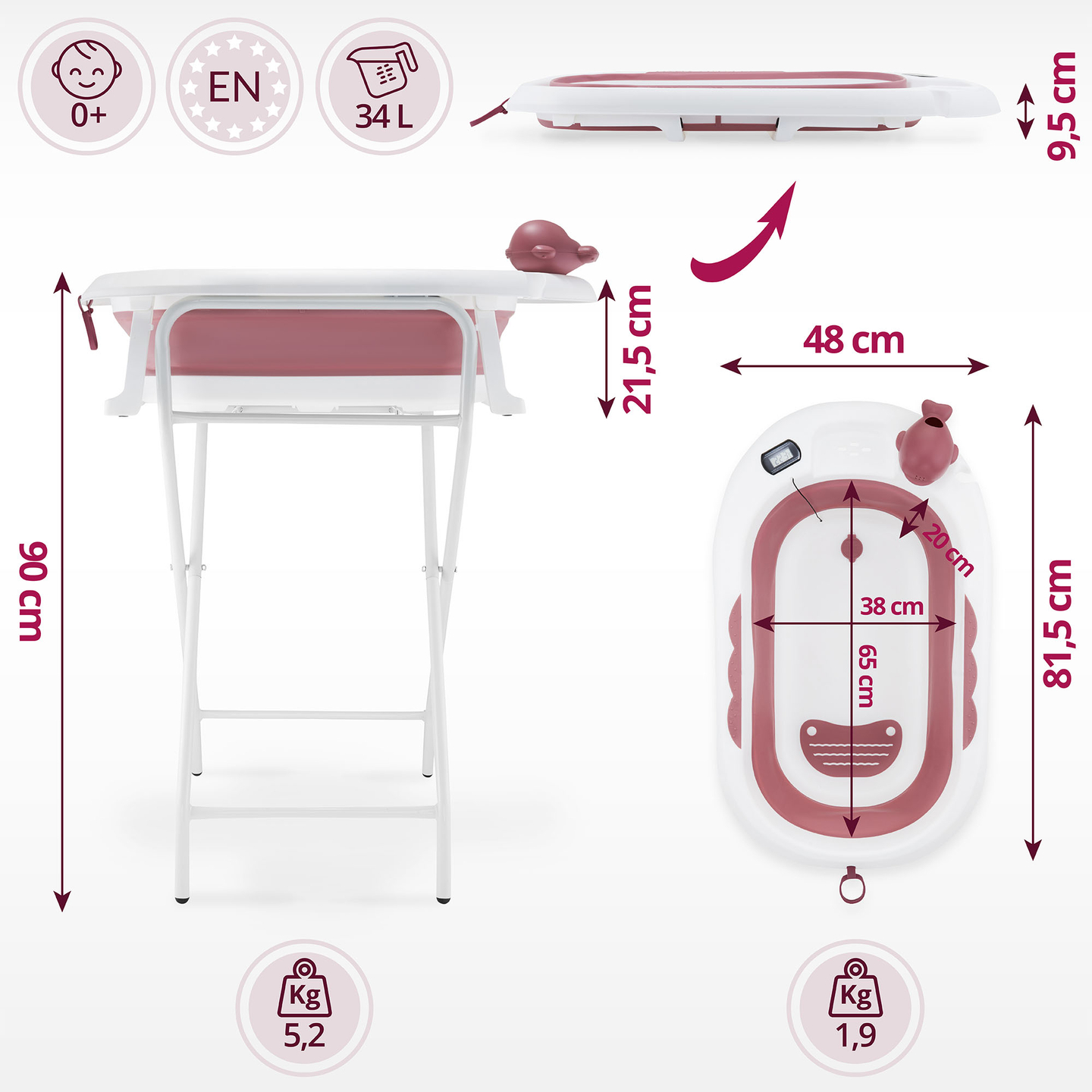Baignoire pliante pour bébé avec thermomètre, insert et support - couleur rose sale