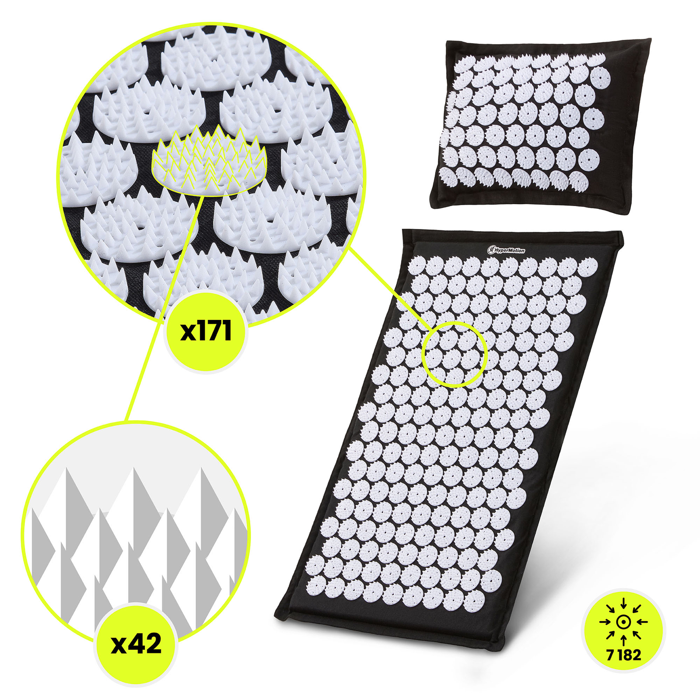 Tapis d'acupression en lin écologique avec coussin en fibres de coco et sarrasin – 68 cm HyperMotion Noir et Blanc