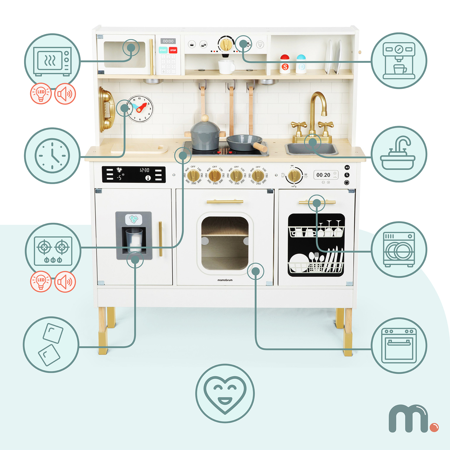 Cuisine interactive XXL en bois avec accessoires et éclairage LED - sur deux niveaux
