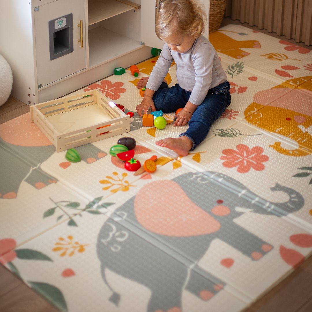 Tapis pliant double face en mousse 180 x 120 x 1cm - Eléphants exotiques/Gris délicat