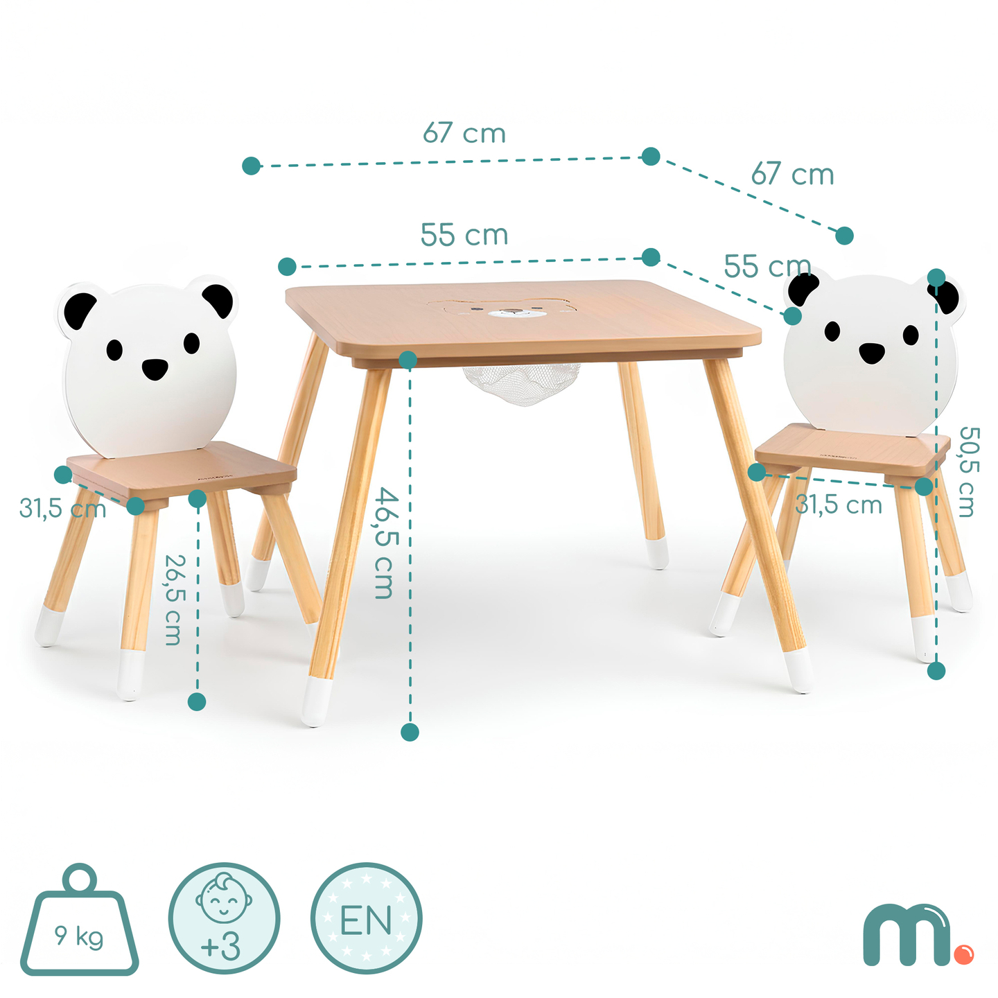 Table en bois avec rangement et 2 chaises Ensemble enfant - Ours en peluche mignon