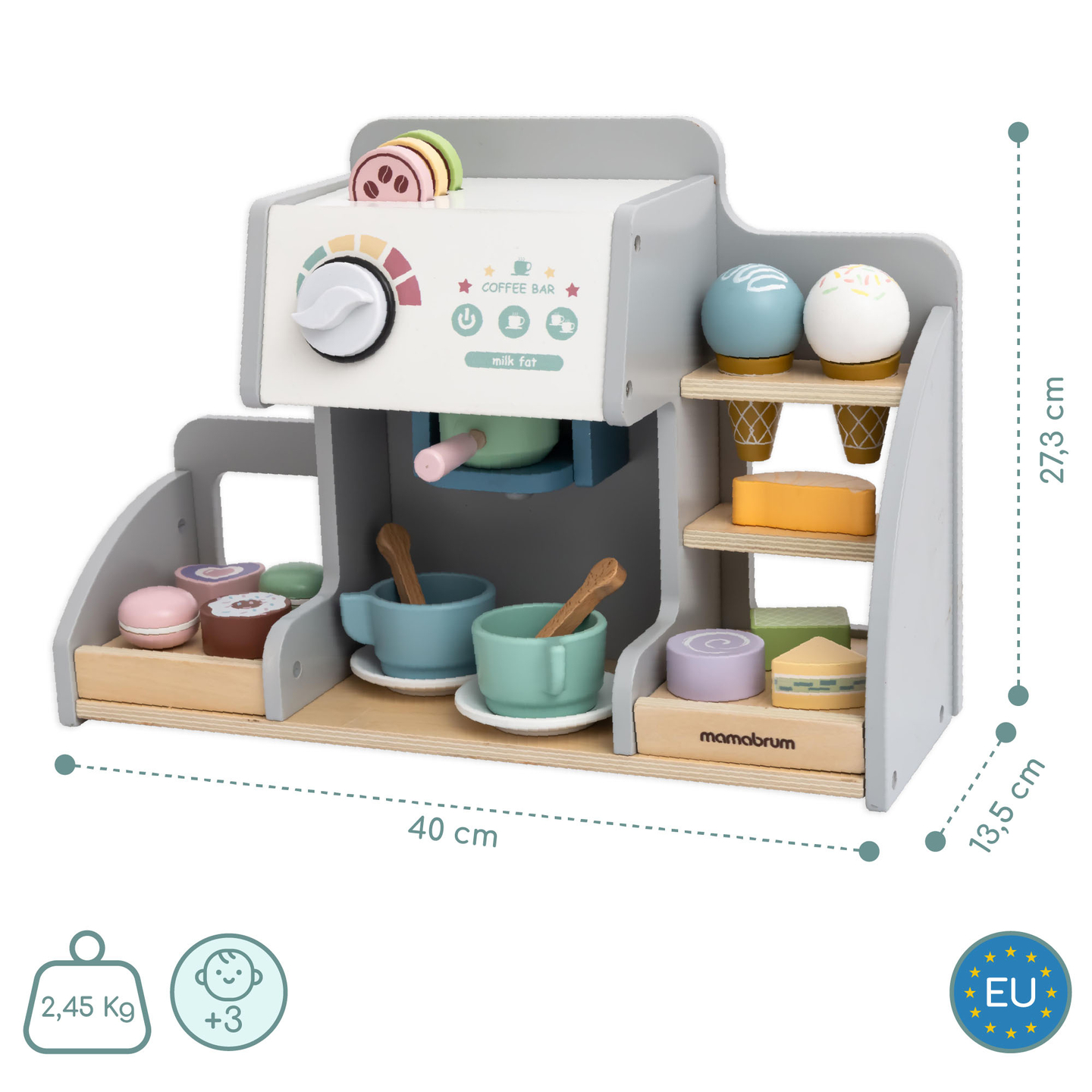 Une grande glacière en bois avec tableau magnétique, machine à café et set de glaces et de desserts - plus de 70 pièces !