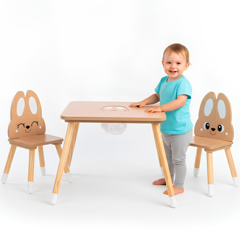 Table en bois avec rangement et 2 chaises Ensemble enfant - Lapin mignon
