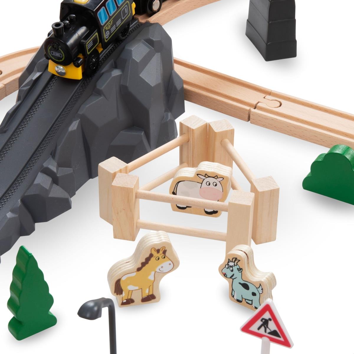 Chemin de fer en bois, train à batterie - Ville : voies, voitures, pont, aéroport