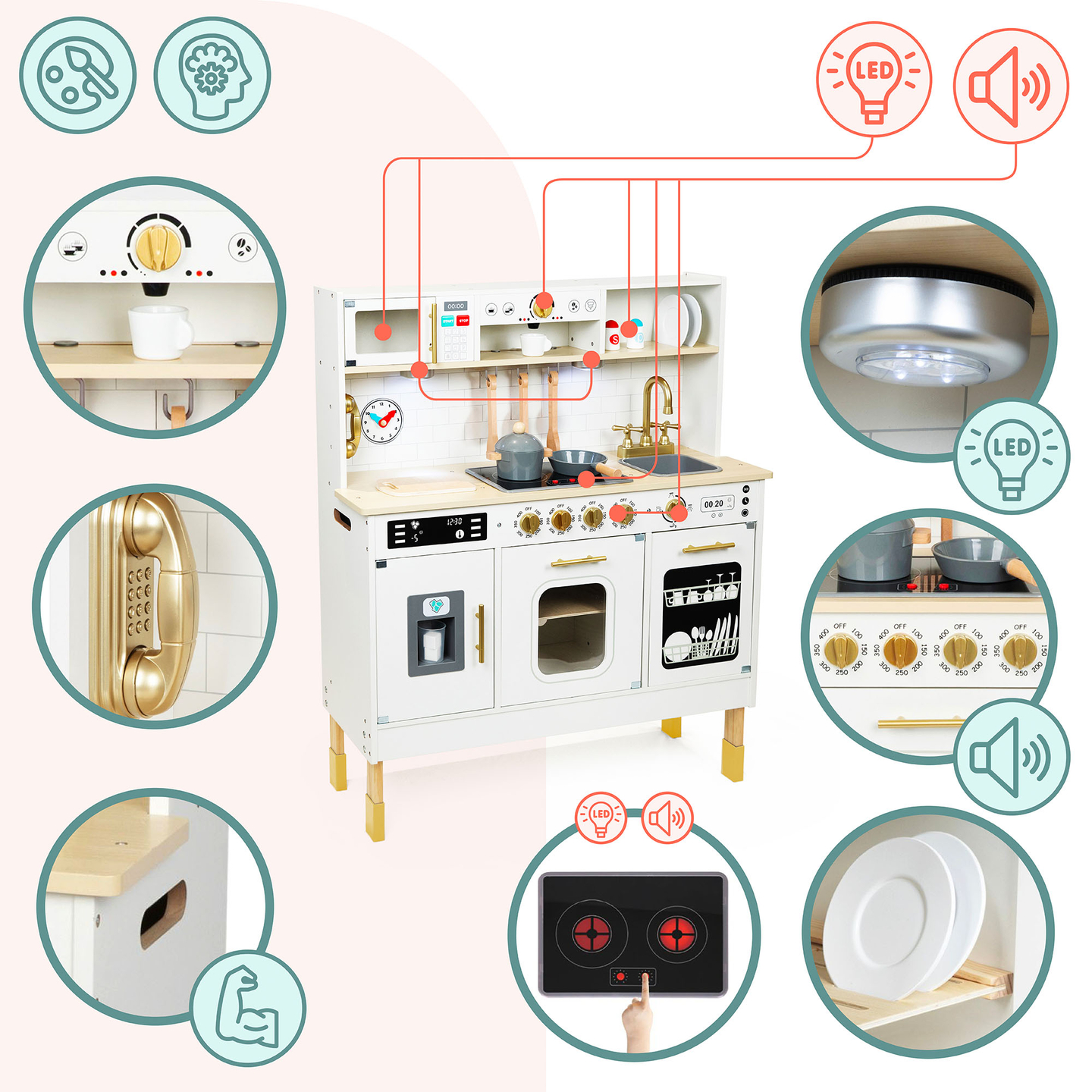 Cuisine interactive XXL en bois avec accessoires et éclairage LED - sur deux niveaux
