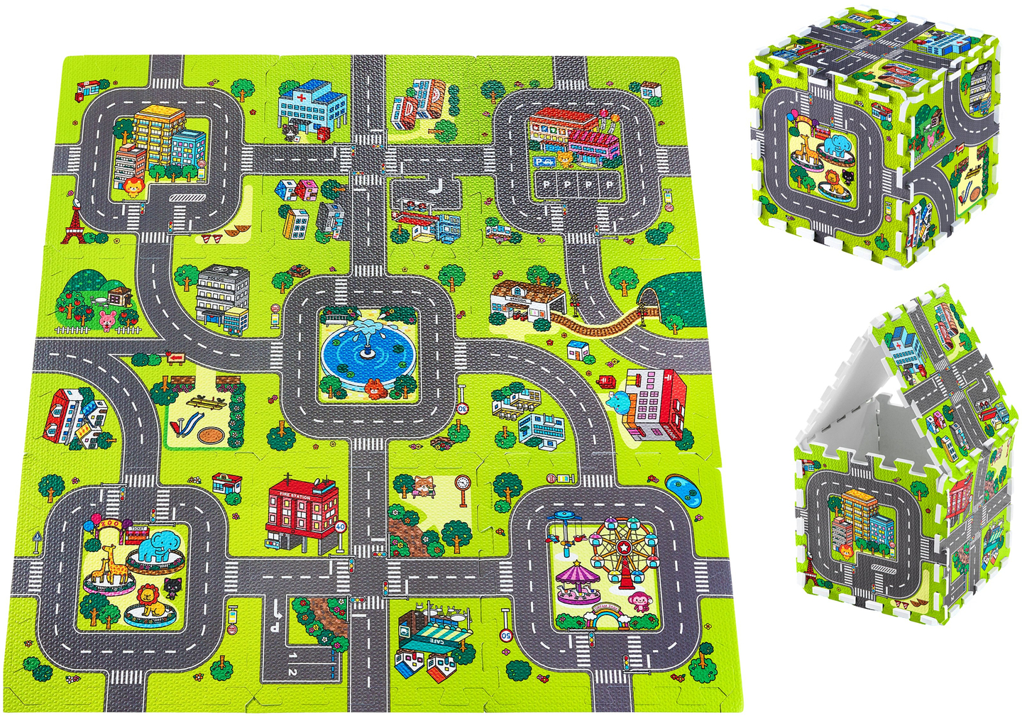 Tapis puzzle éducatif en mousse 90 x 90 x 1cm avec bordure - mousse EVA - motif : villes routes rues