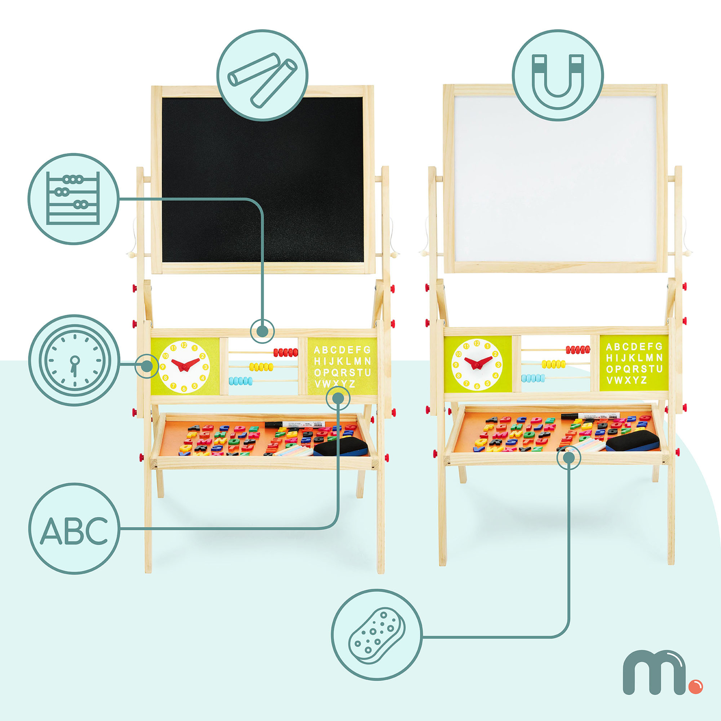 Grand tableau éducatif double face : magnétique et tableau noir - tableau effaçable à sec, en bois