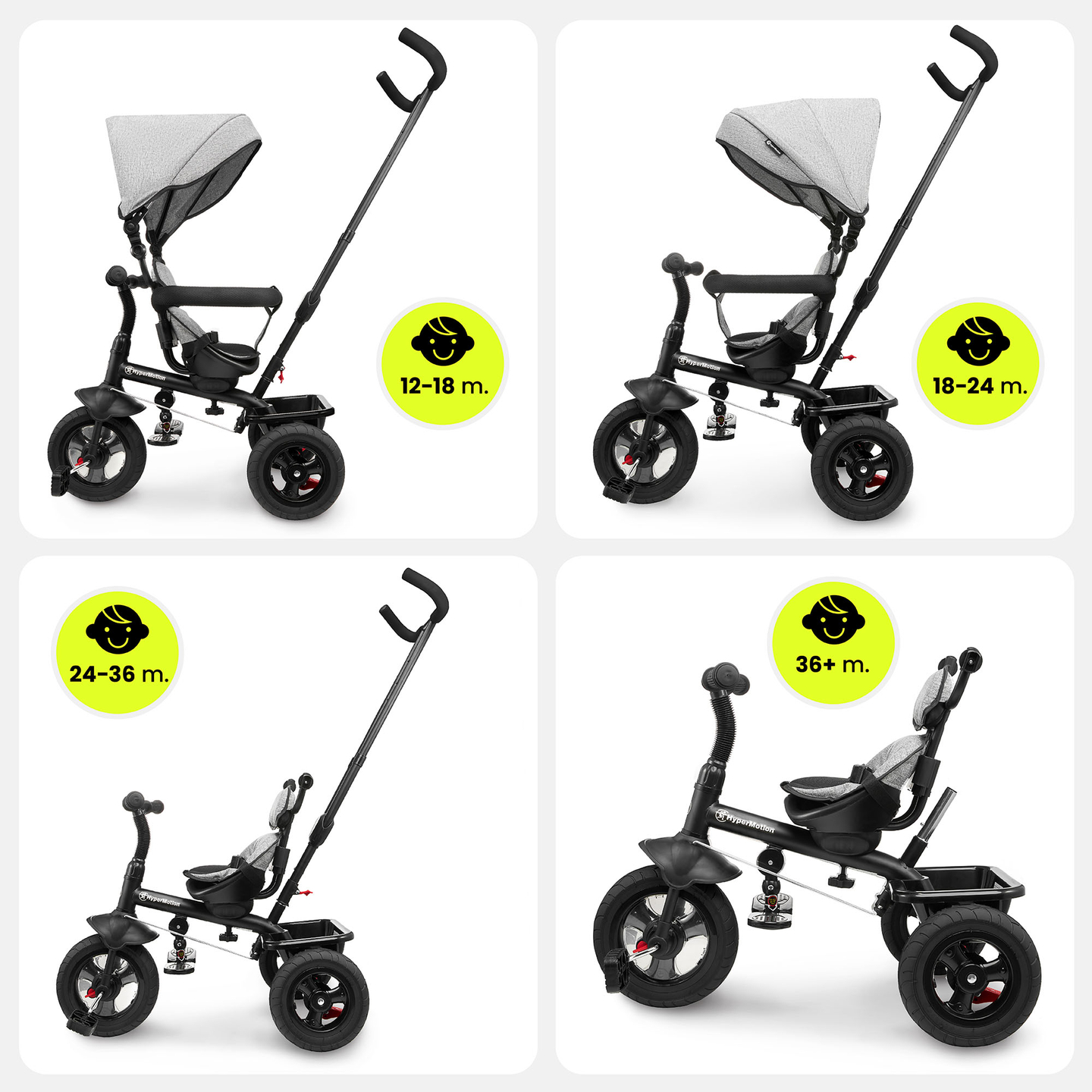 Tricycle pour enfants 1-4 ans - TOBI FREY - couleur gris - pivotant - roues gonflables + poussoir