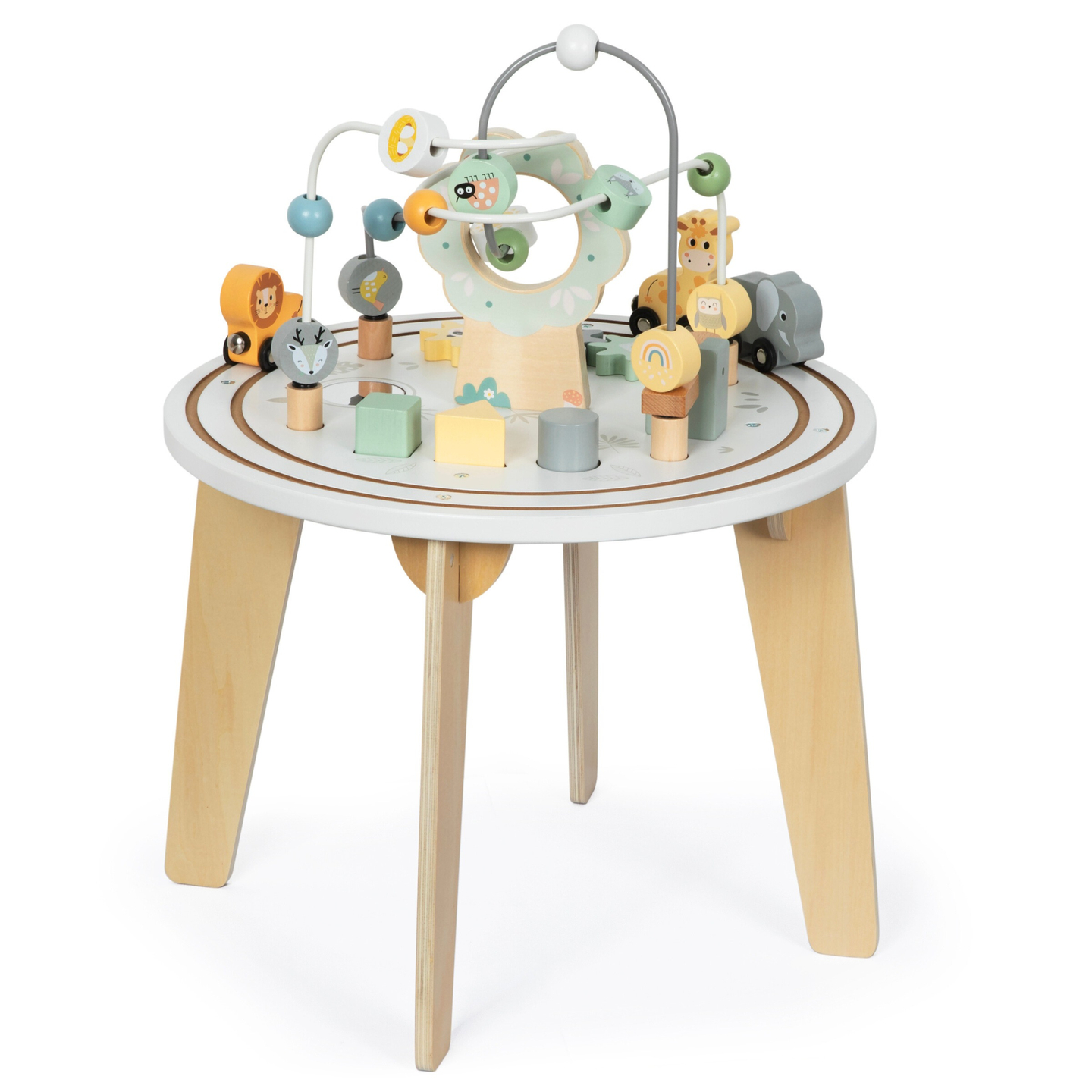 Table éducative ronde en bois avec un train magnétique et un lanceur de perles