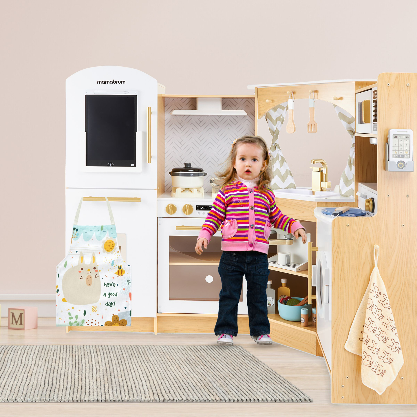 XXXXL grande cuisine interactive en bois avec éclairage LED, lave-linge, micro-ondes, machine à café et set de fruits et légumes - 50 éléments