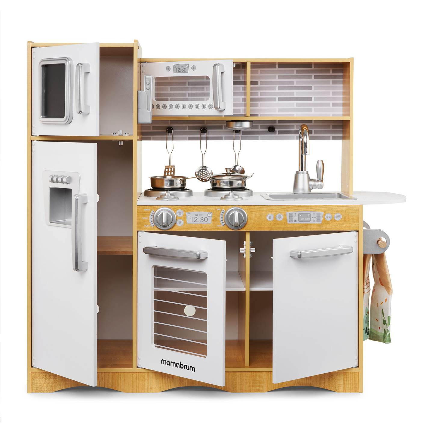 Cuisine en bois XXL avec éclairage LED, tablier et accessoires