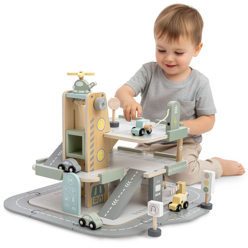 Garage en bois à trois étages pour enfants avec accessoires – parking, station-service, lave-auto, hélicoptère