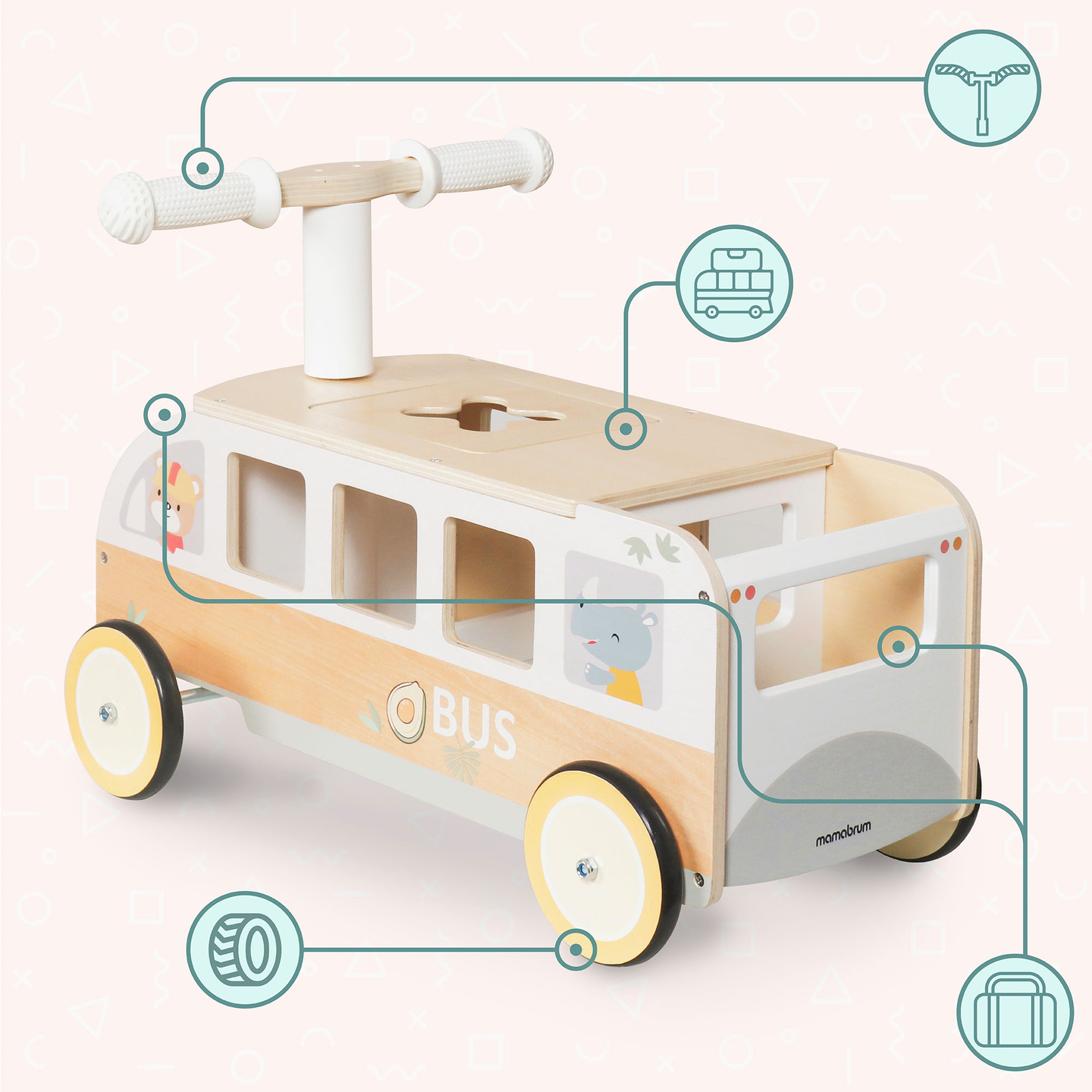 Bus en bois à pédales pour enfants - Bus avec compartiments de rangement et espace pour les peluches