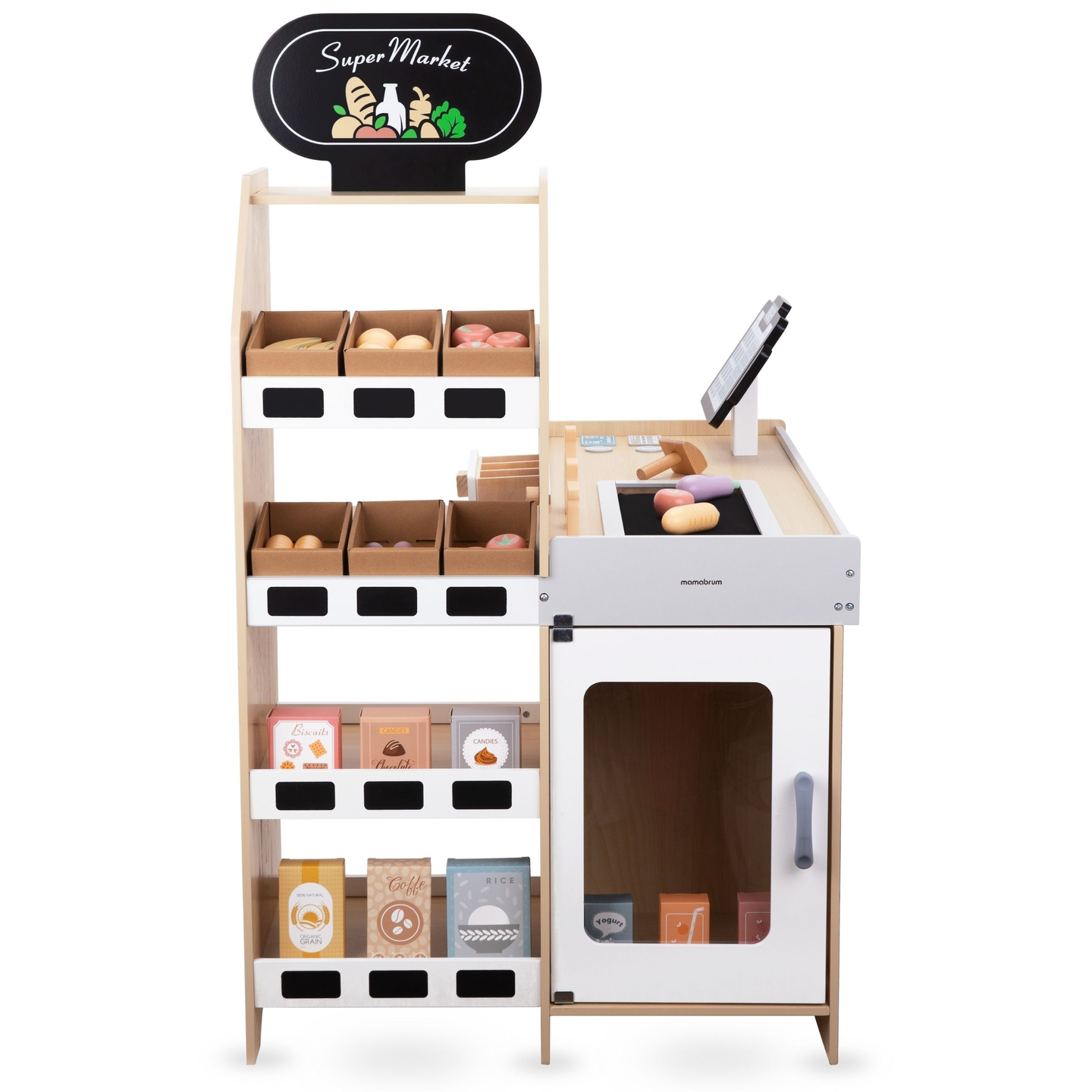 Marché aux légumes en bois - grand étal XXL, magasin avec caisse enregistreuse ludique