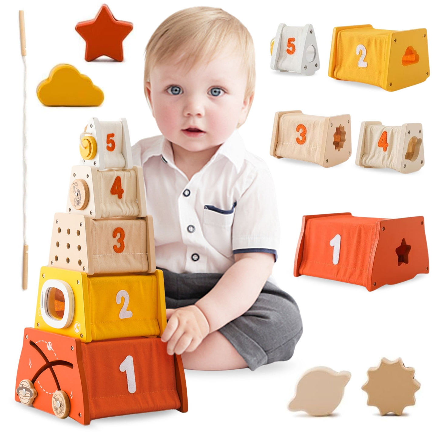 Pyramide en bois éducative Montessori - tri des formes, labyrinthe, chiffres
