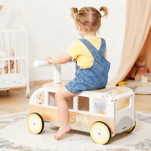 Bus en bois à pédales pour enfants - Bus avec compartiments de rangement et espace pour les peluches