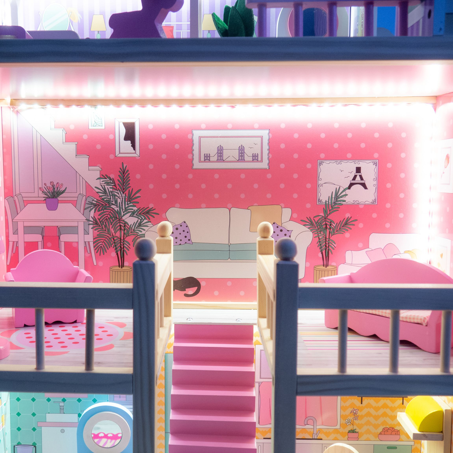 Grande maison de poupées en bois à 3 étages avec terrasse, ensemble de meubles et éclairage LED !