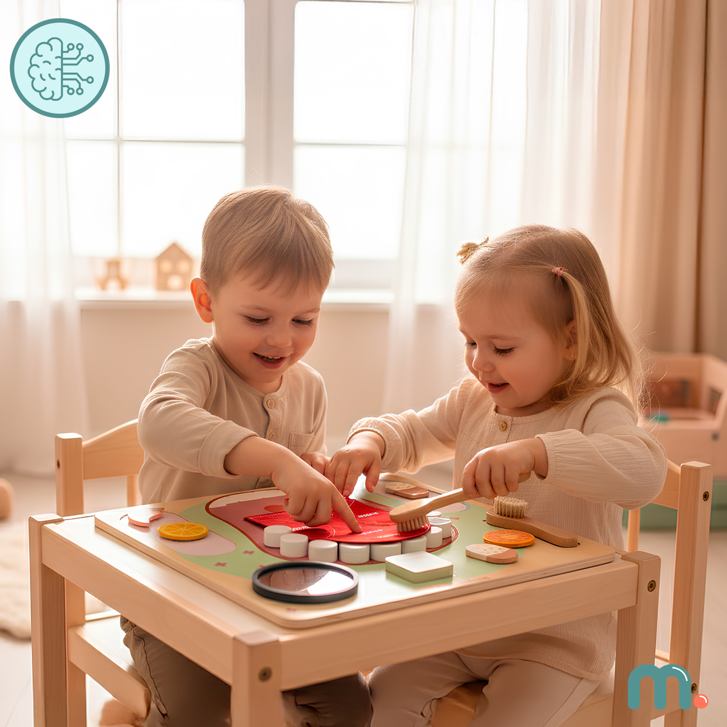 Planche éducative Montessori en bois Petit Dentiste - brosse à dents, dentifrice, dents amovibles, miroir, nourriture, apprentissage des saveurs