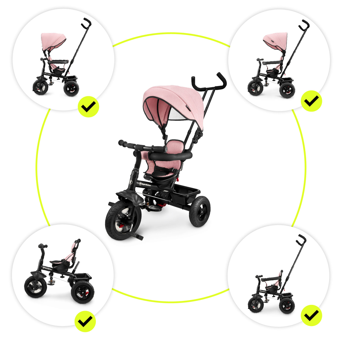 Tricycle pour enfants 1-4 ans - TOBI FREY - couleur rose - pivotant - roues pompées + pousseur