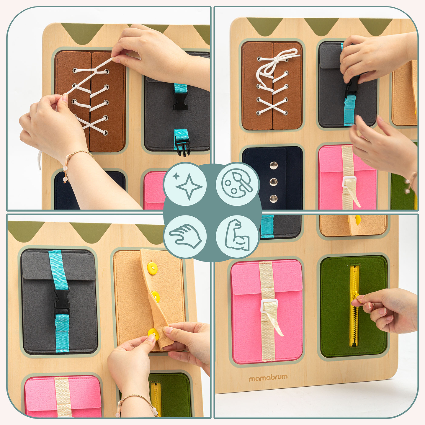 Tableau de manipulation Montessori en bois – Apprentissage sensoriel de l'autonomie – lacets, boucles, boutons, pressions, fermeture éclair