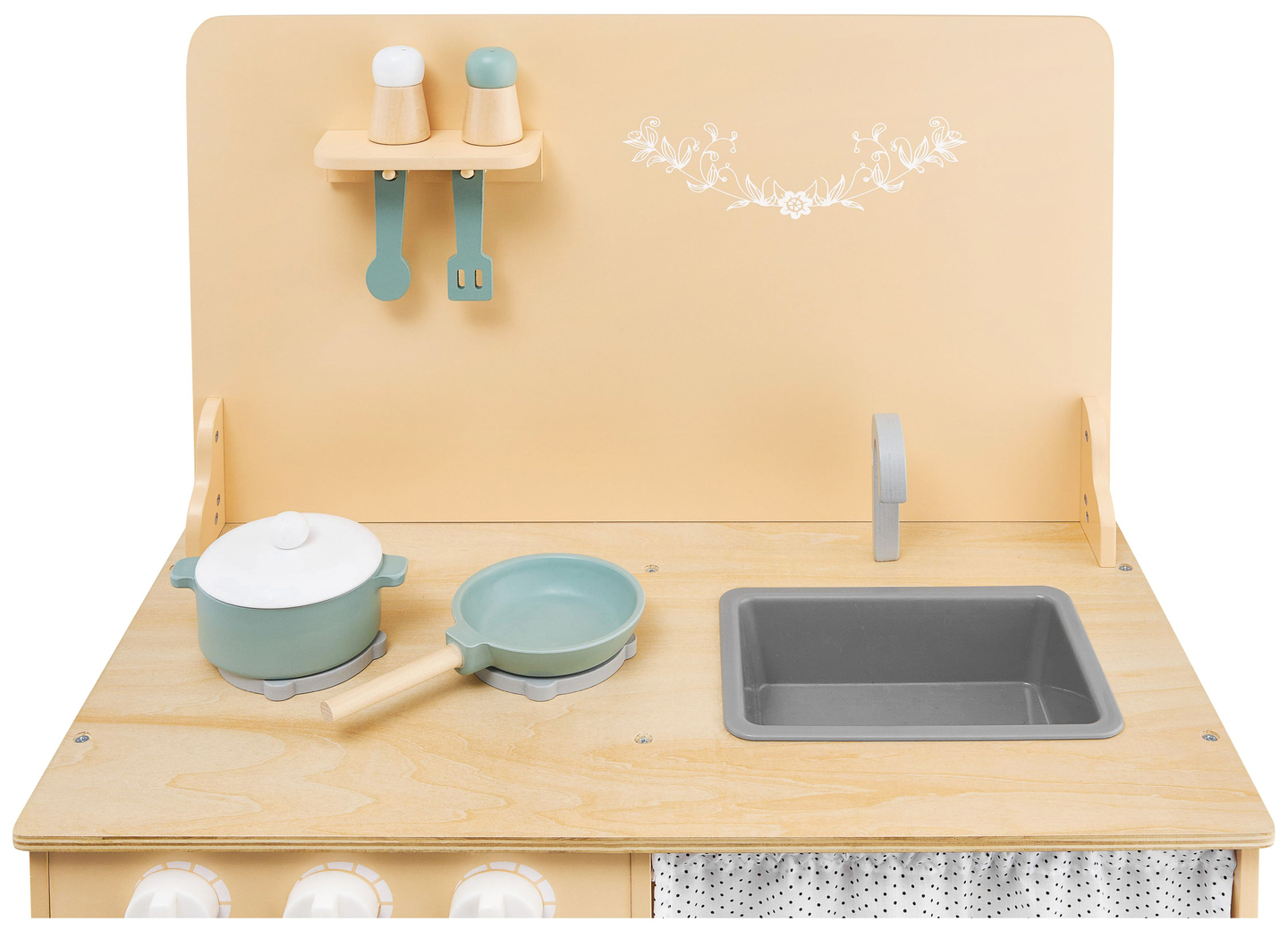 Cuisine en bois avec tablier, accessoires et éclairage LED