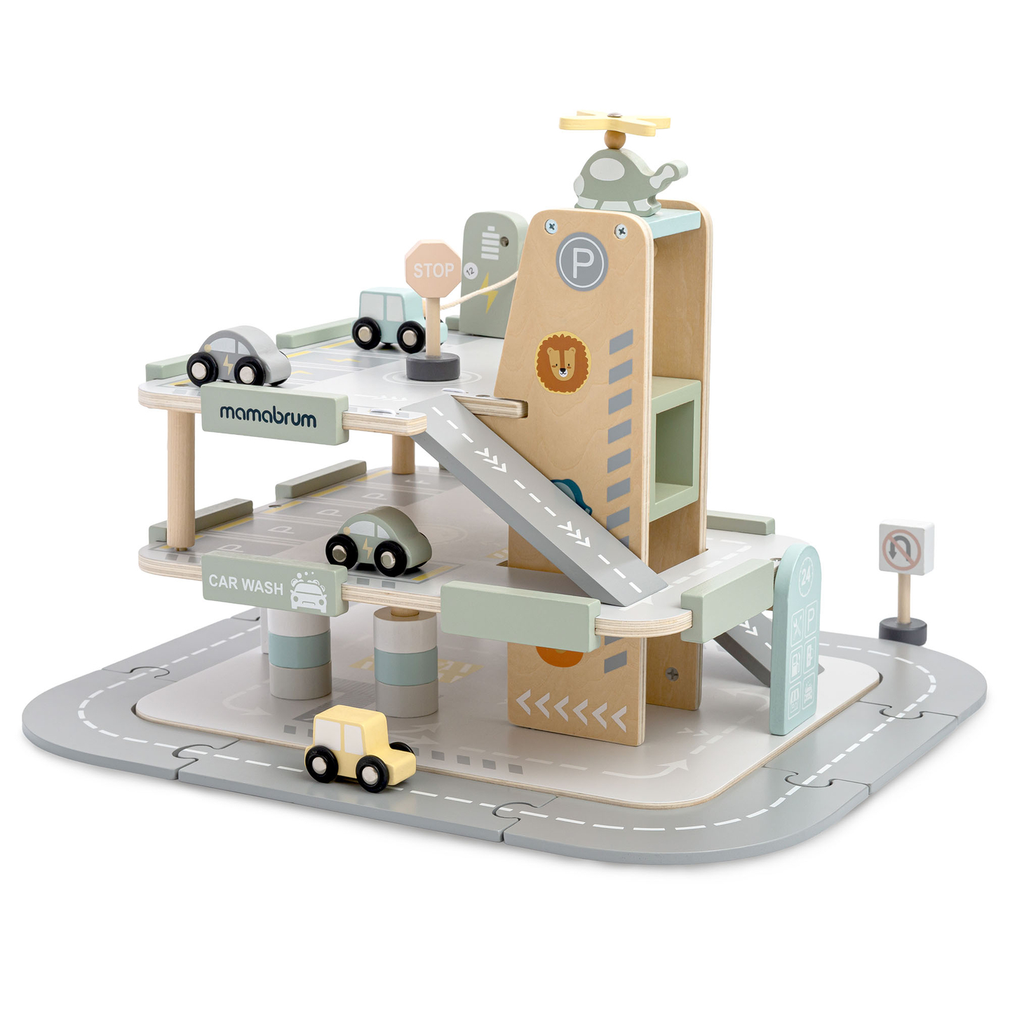 Garage en bois à trois étages pour enfants avec accessoires – parking, station-service, lave-auto, hélicoptère