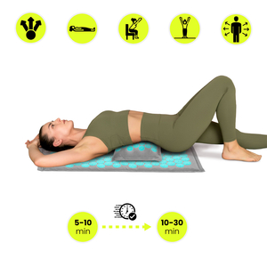 Tapis d'acupression en lin écologique avec coussin en fibres de coco et sarrasin – 68 cm HyperMotion Gris-Menthe