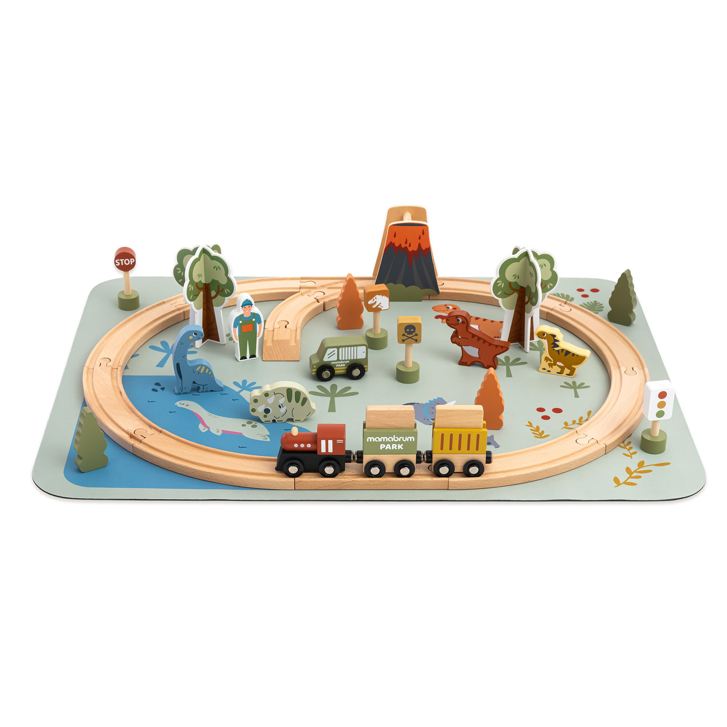 Train en bois Dino Park avec tapis antidérapant - dinosaures, train, rails, volcan, cloche