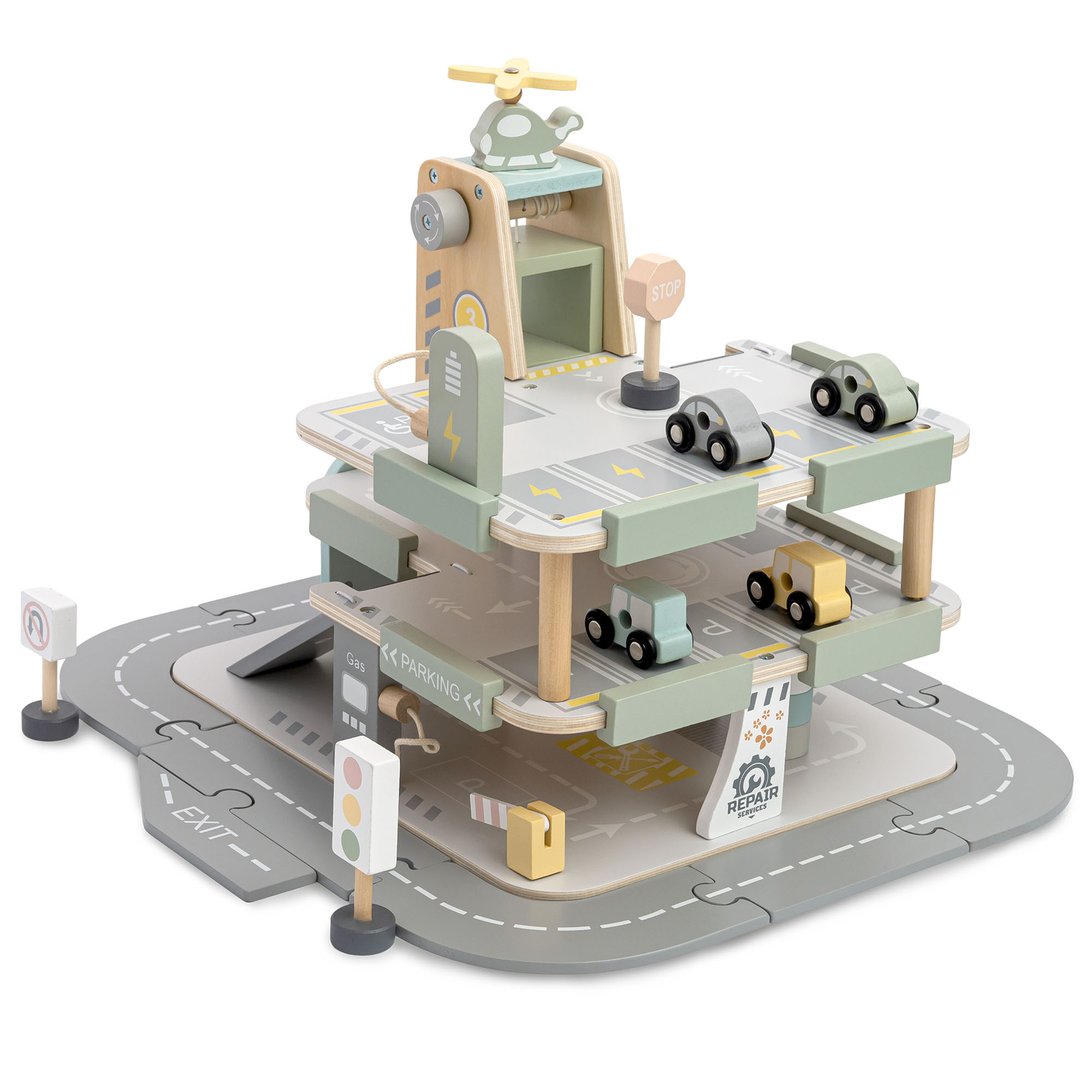 Garage en bois à trois étages pour enfants avec accessoires – parking, station-service, lave-auto, hélicoptère