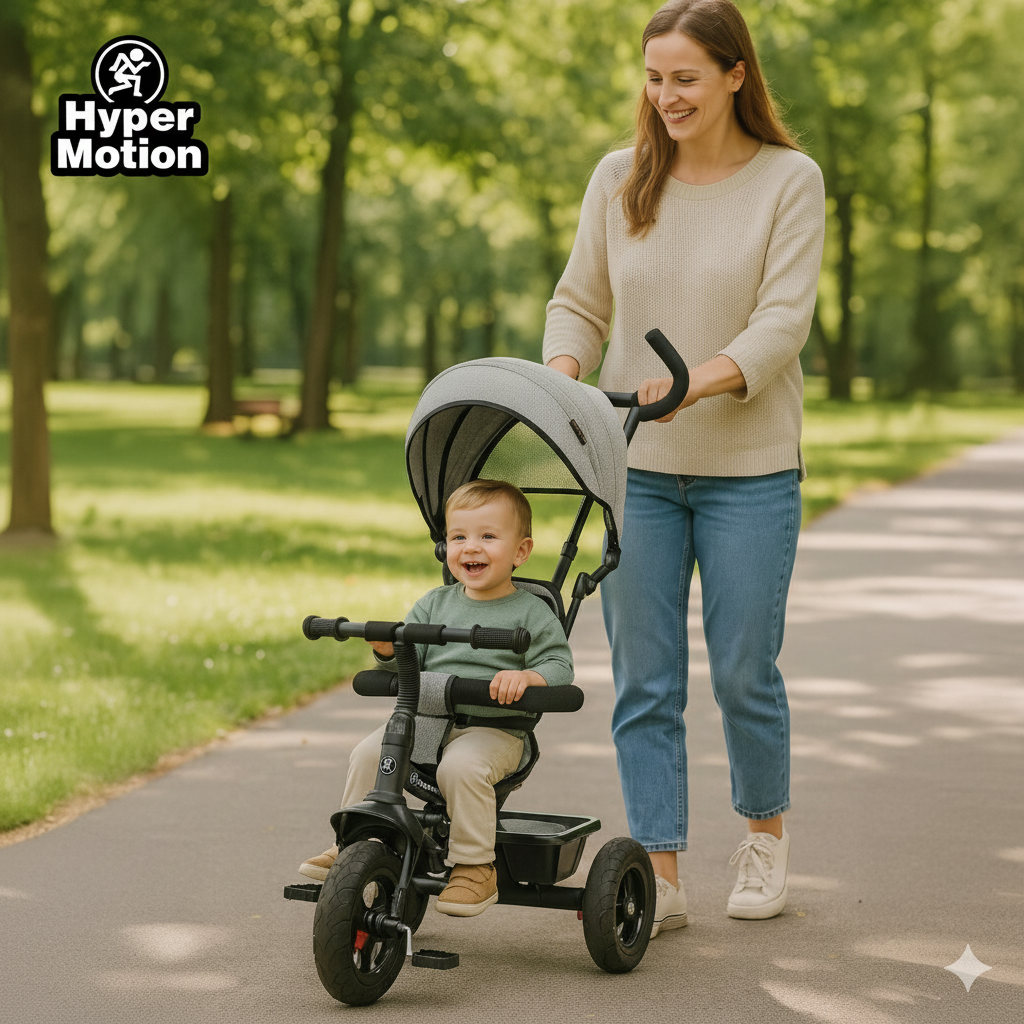 Tricycle pour enfants 1-4 ans - TOBI FREY - couleur gris - pivotant - roues gonflables + poussoir