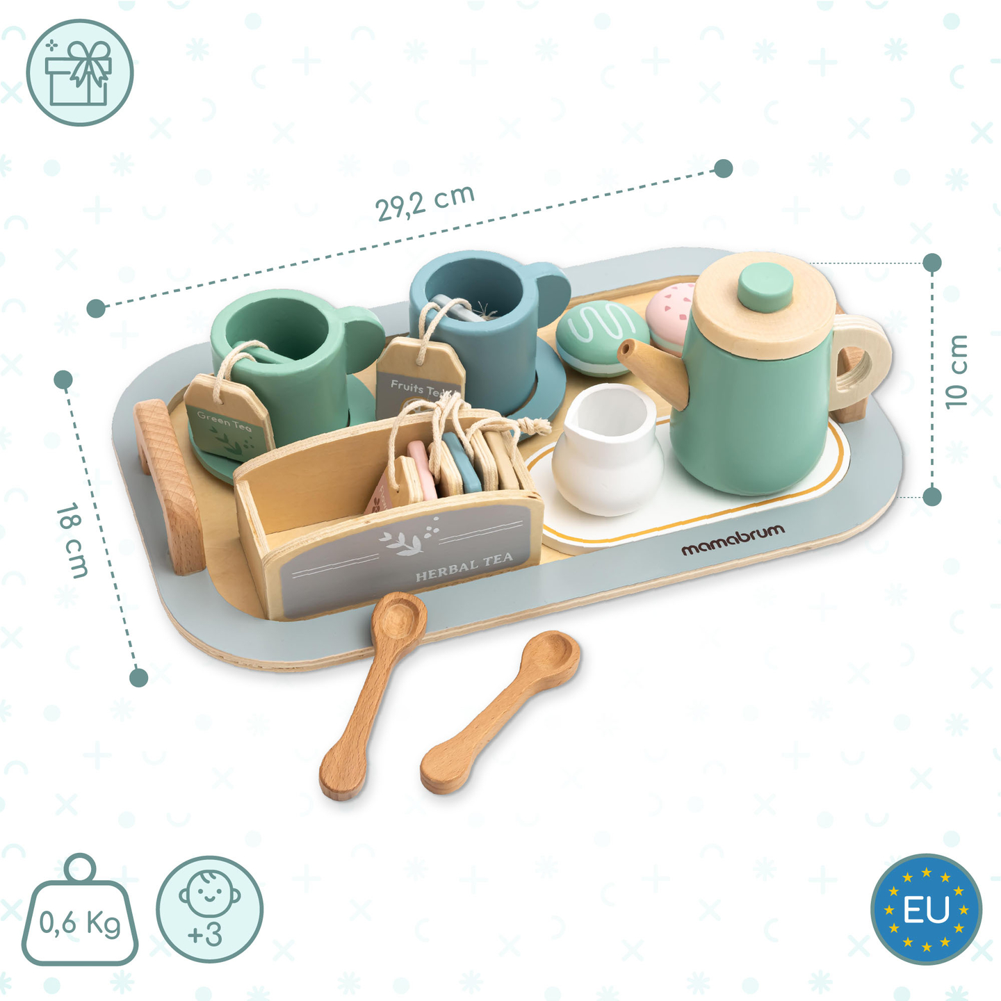 Grand service à thé en bois avec plateau - 18 pièces