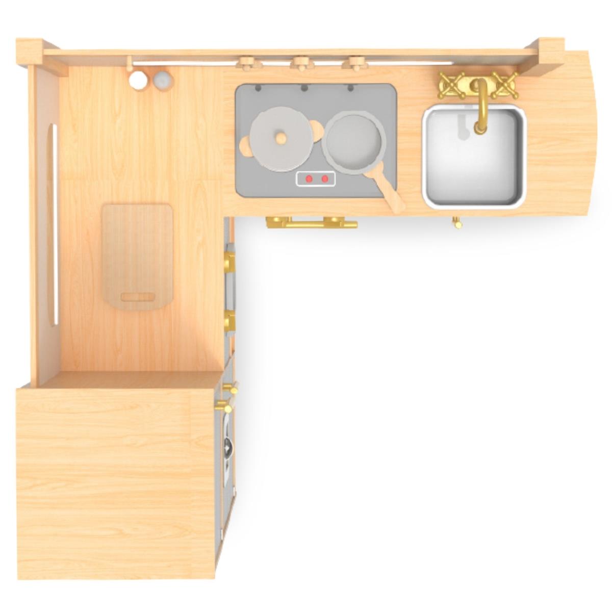 Cuisine d'angle interactive en bois XXXL avec réfrigérateur, micro-ondes, four, lave-linge et accessoires - naturel