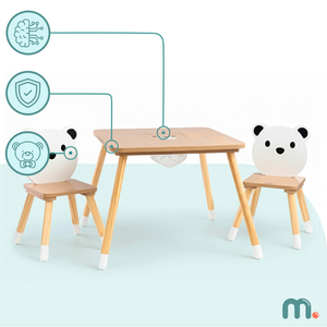 Table en bois avec rangement et 2 chaises Ensemble enfant - Ours en peluche mignon