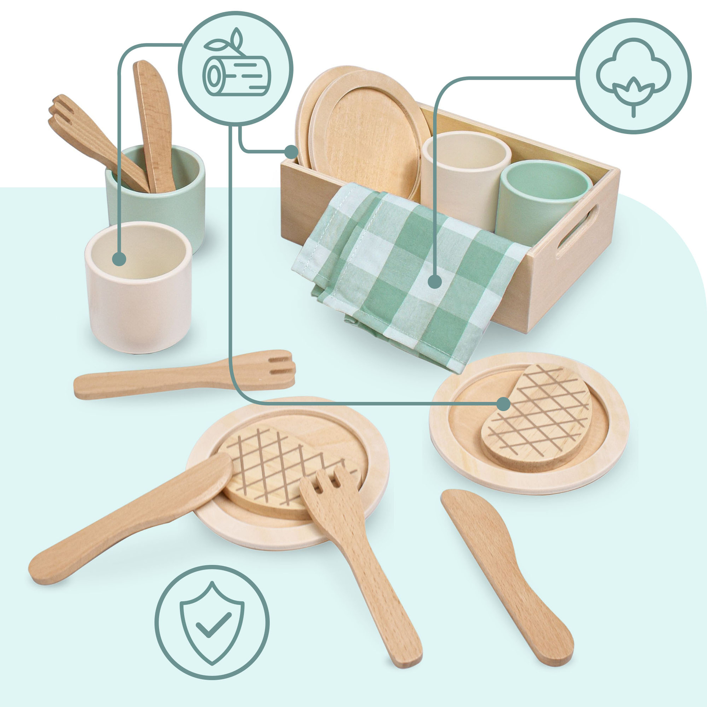 Set de déjeuner en bois pour enfants avec sets de table verts