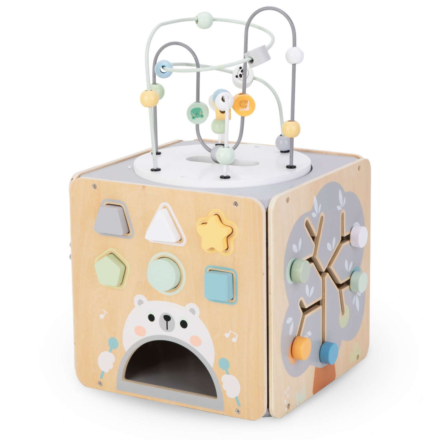 Grand cube d'activité en bois avec boucle - Montessori