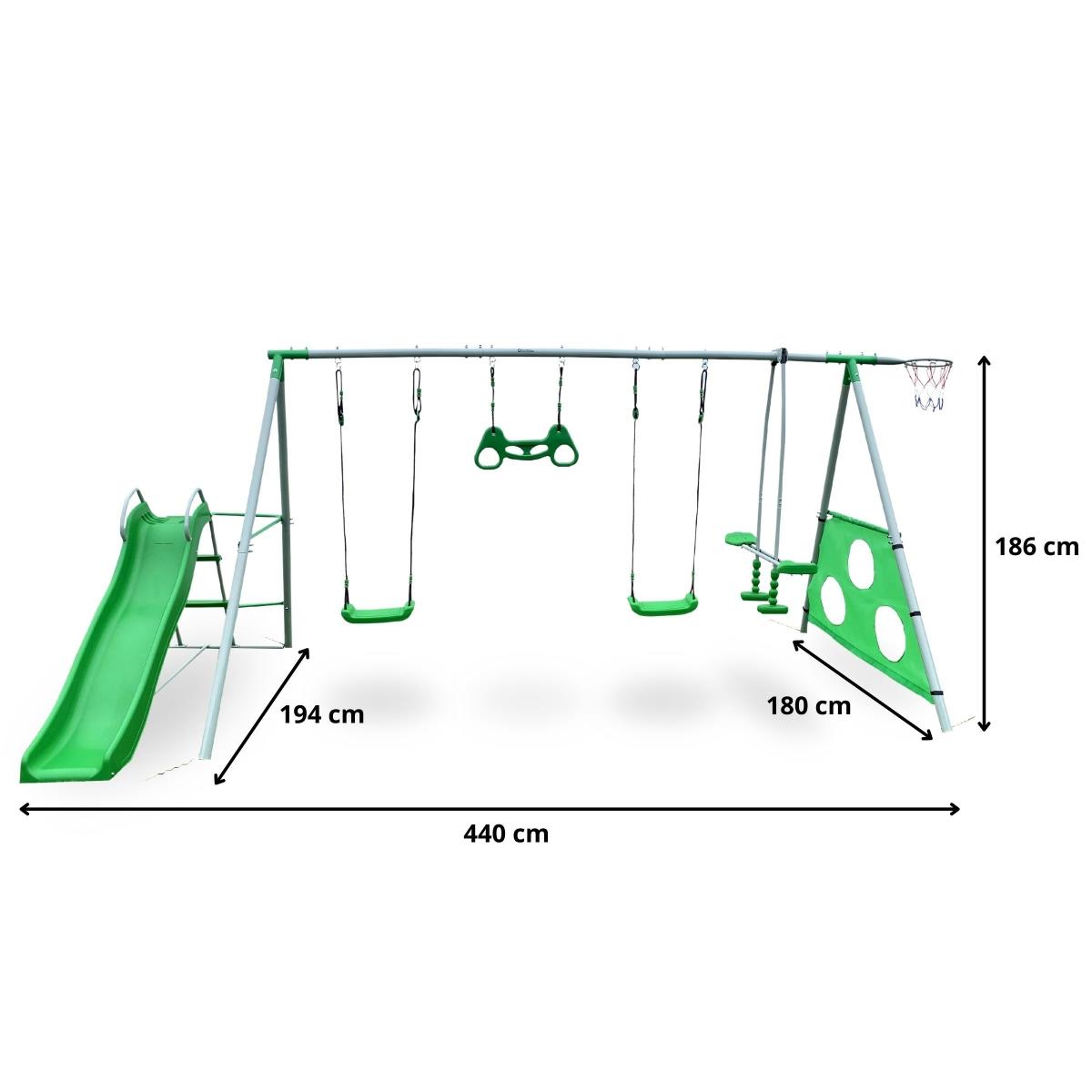 Aire de jeux de jardin XXXL pour enfants avec balançoires, toboggan, trapèze de gymnastique, panier de basket et but de football