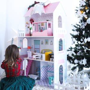 XXL La plus grande maison de poupées en bois - 123 cm - illuminée par LED - terrasse, accessoires, jardin