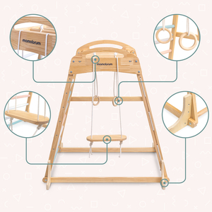 Aire de jeux intérieure en bois avec balançoire, anneaux de gymnastique et filet d&#39;escalade