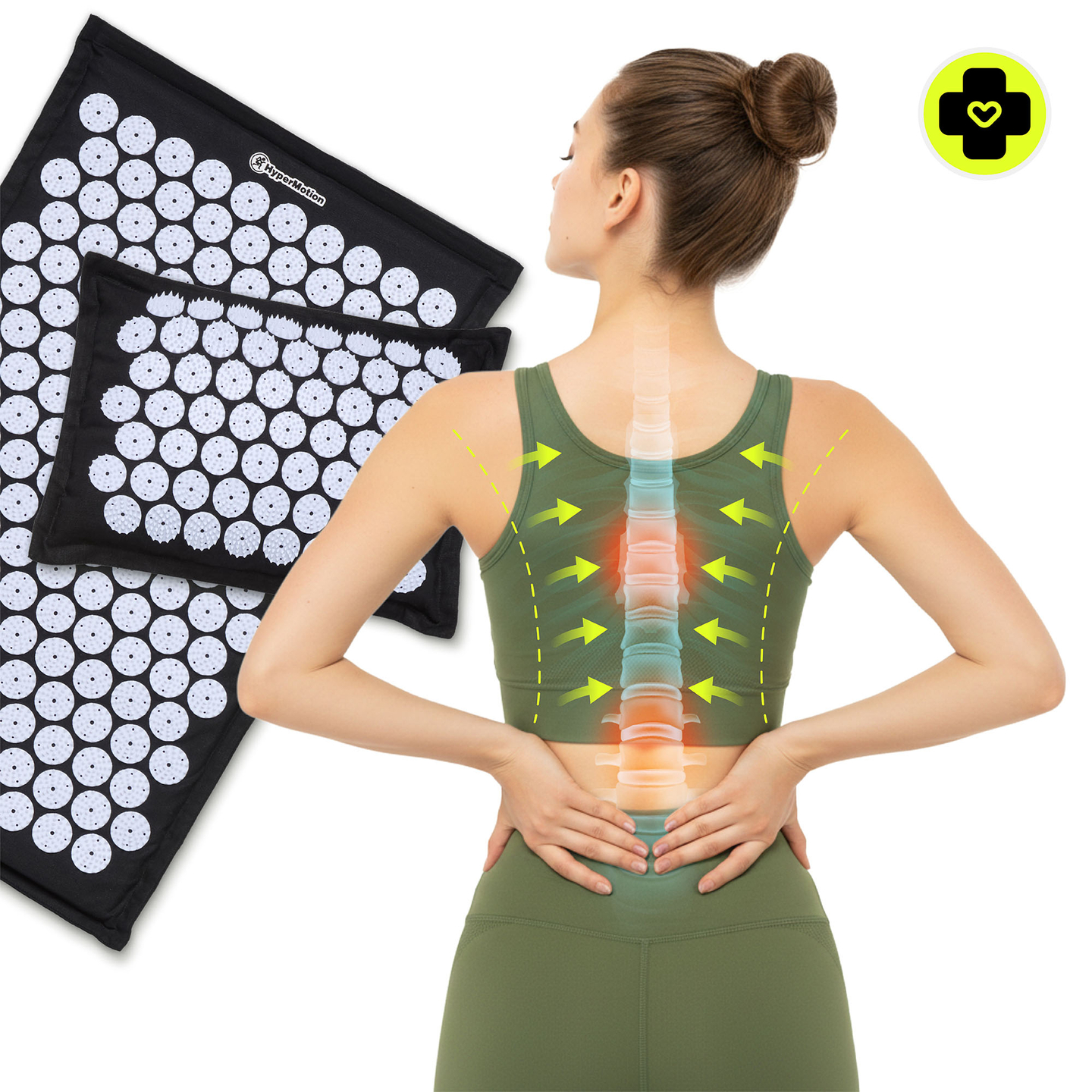 Tapis d'acupression en lin écologique avec coussin en fibres de coco et sarrasin – 68 cm HyperMotion Noir et Blanc