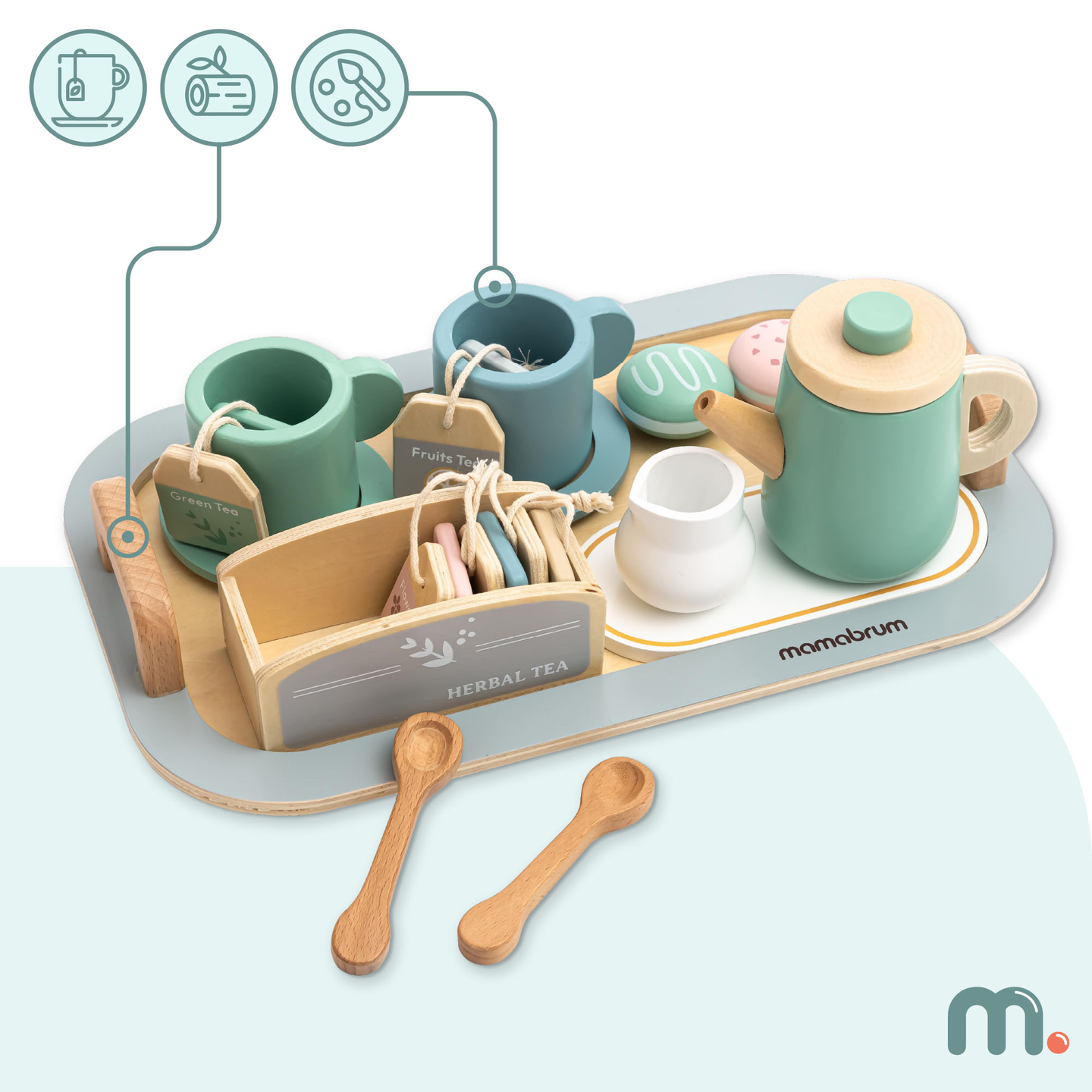 Grand service à thé en bois avec plateau - 18 pièces