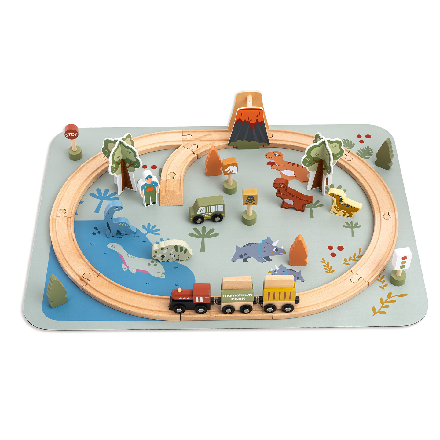 Train en bois Dino Park avec tapis antidérapant - dinosaures, train, rails, volcan, cloche