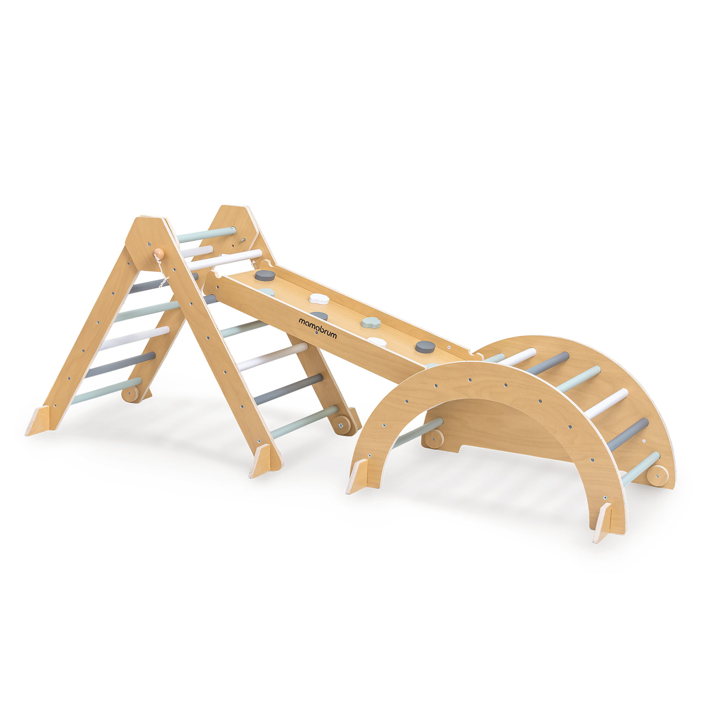 Aire de jeux intérieure en bois pour enfants - mur d'escalade, toboggan, arche d'escalade/bascule et triangle de Pikler