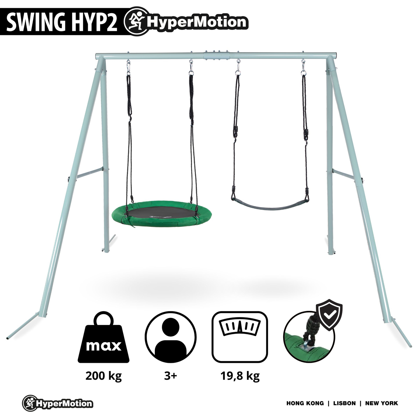 Balançoire de jardin double avec cadre et cordes - siège et nid de cigogne