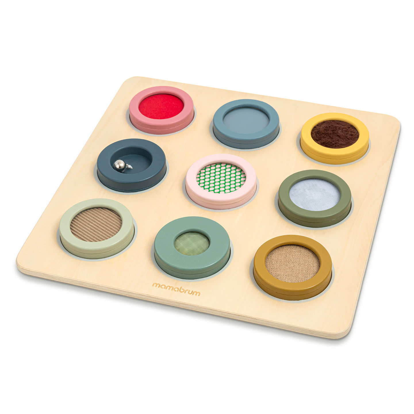 Tableau sensoriel Montessori en bois – 9 textures à découvrir et à développer le sens du toucher