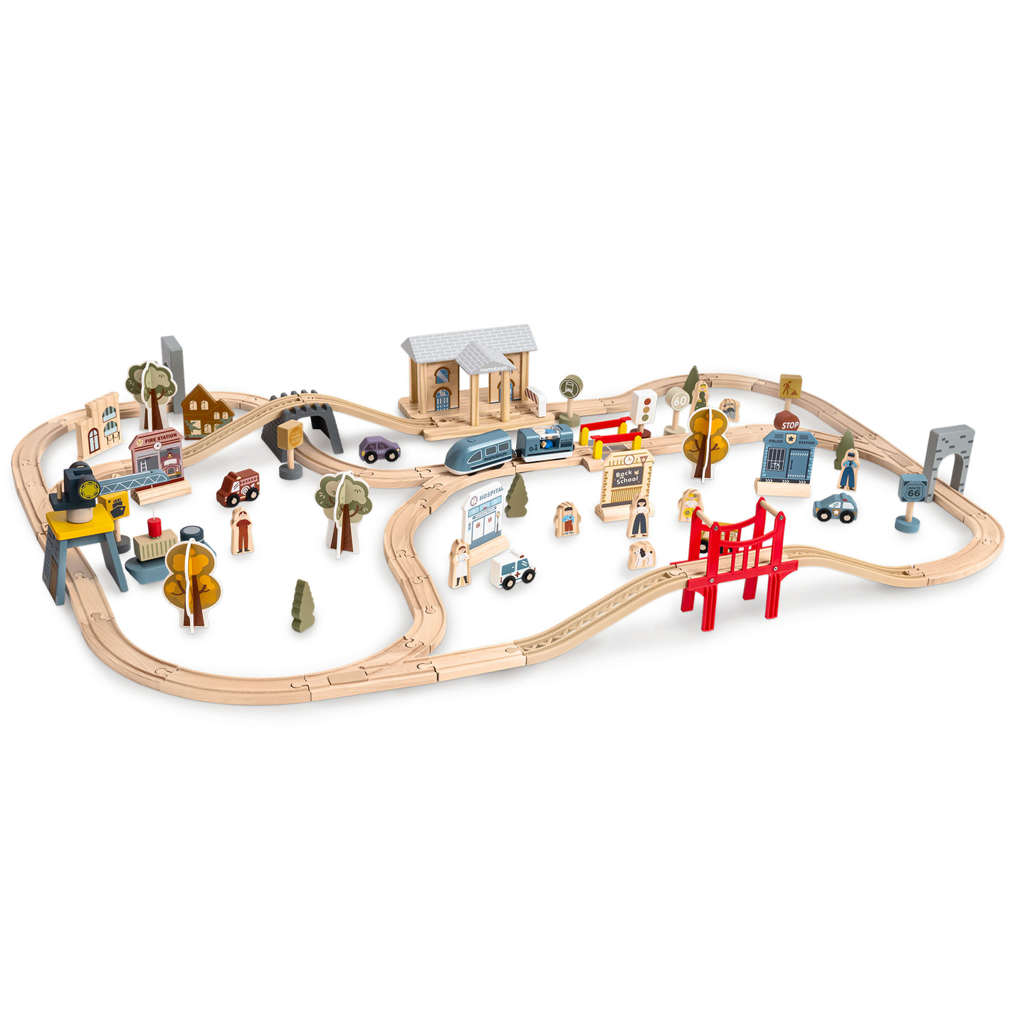 Chemin de fer urbain en bois avec train électrique - grue mobile, bateau, ponts