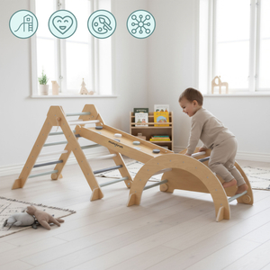 Aire de jeux intérieure en bois pour enfants - mur d'escalade, toboggan, arche d'escalade/bascule et triangle de Pikler