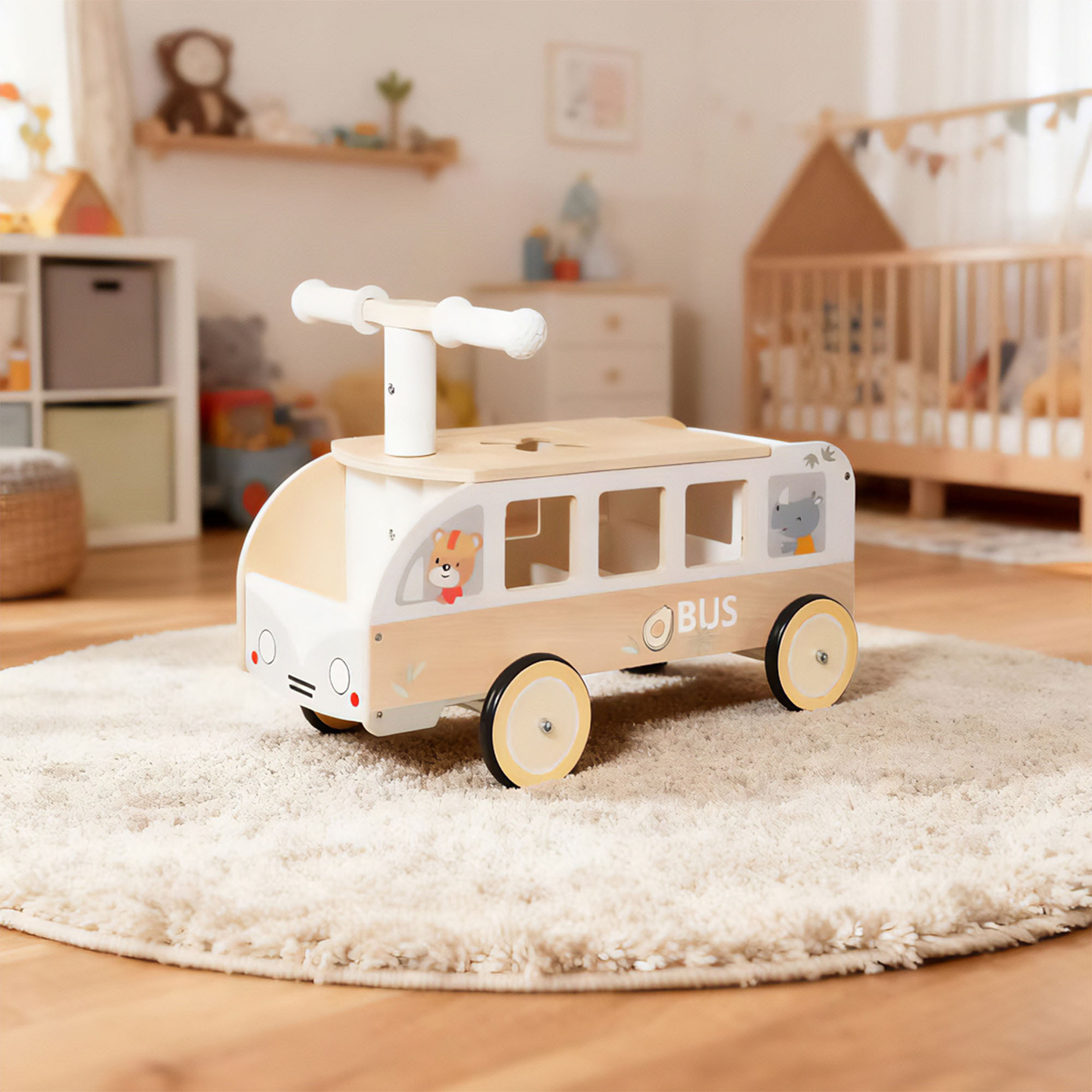 Bus en bois à pédales pour enfants - Bus avec compartiments de rangement et espace pour les peluches